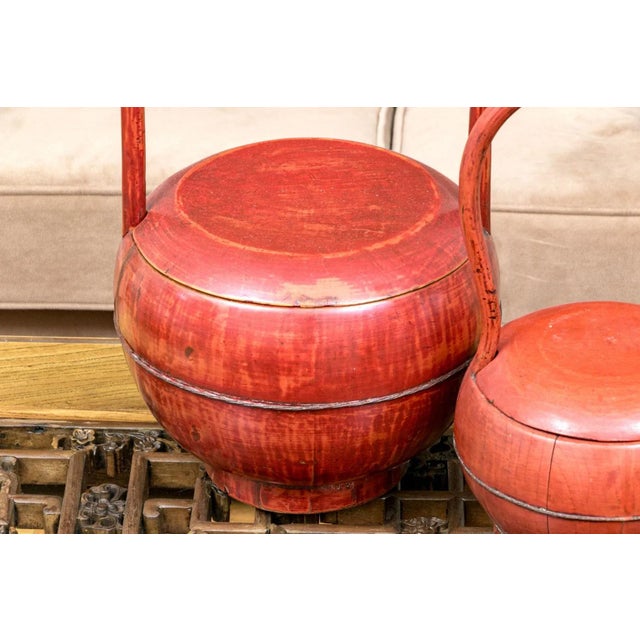 Chinese Antique Hand-Made Red Lacquer Chinese Covered Baskets—A Pair For Sale - Image 3 of 7