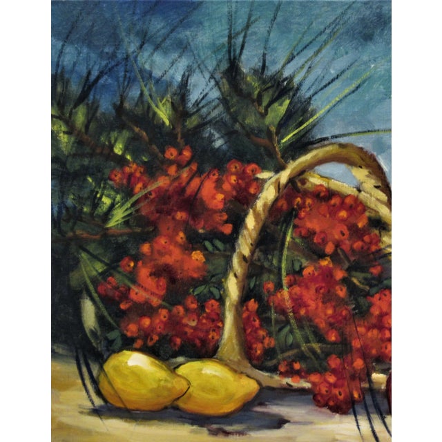 This artwork titled " Still Life with Bottle, Flowers and Fruits" c.1950 is an oil painting on canvas by noted California...