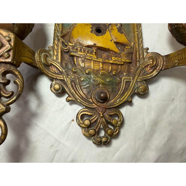 Figurative Antique Lincoln Spanish Galleon Electric Wall Sconces Fixtures Ship - a Pair For Sale - Image 3 of 11