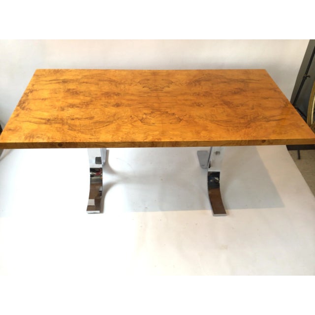 1980s Milo Baughman Style Burl Wood Dining Table / Desk with Chrome Base For Sale - Image 12 of 13