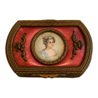 Antique Bronze Casket Box With Silk Lid and Hand-Painted Portrait For Sale