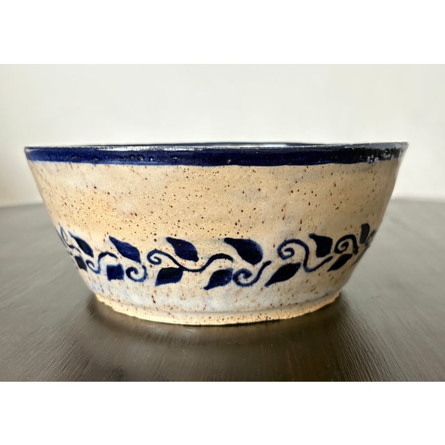 Traditional Hand-Painted Studio Pottery Bowl With Cobalt Botanical Design For Sale - Image 3 of 10