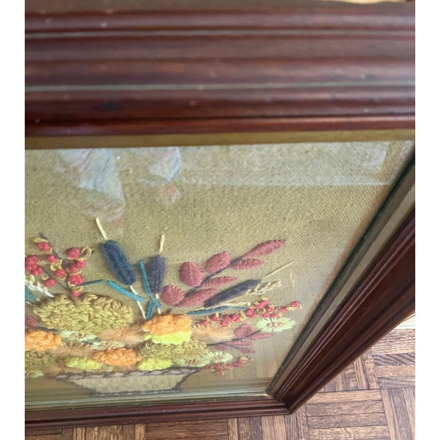 Framed Floral Crewel Needlework - Mid Century Hand Crafted For Sale - Image 4 of 7