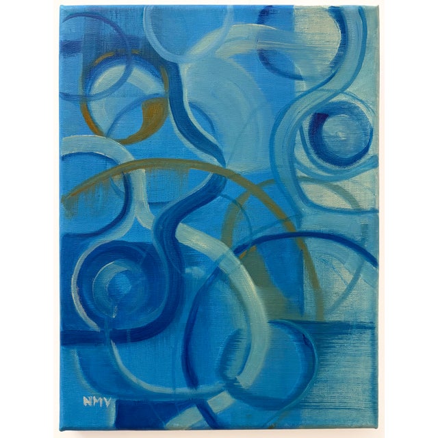 Circular patterns and shapes with the illusion of movement forward and back, blurring, fading, and intertwining. Oil on...