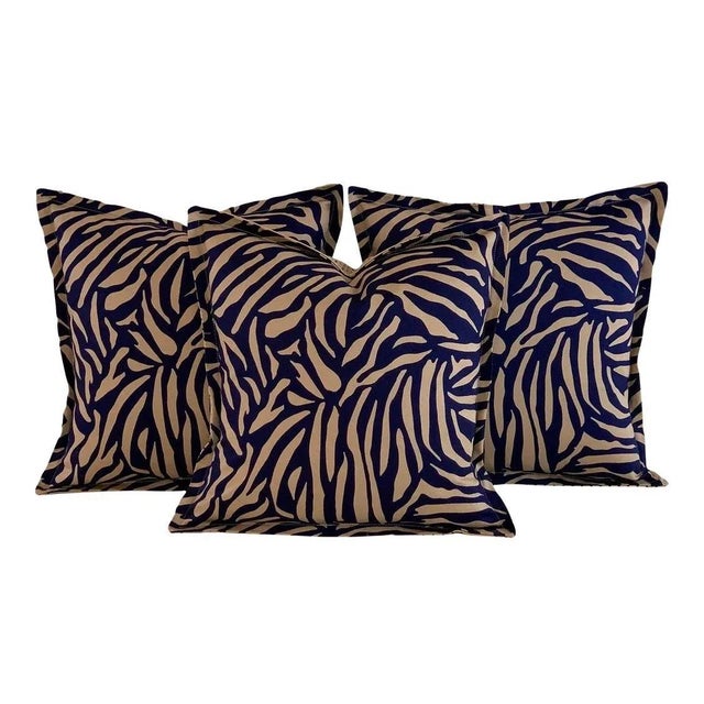 Designer Vicki Payne Free Spirit Navy Blue & Taupe Brown Zebra Animal Print Pillow Covers- a Pair For Sale In Jacksonville, FL - Image 6 of 7