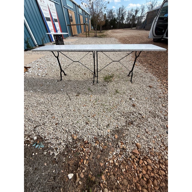 1940s Long Vintage French Art Deco Double Base Cast Iron Carrara Marble Top Bistro Table or Dining Table For Sale - Image 10 of 12