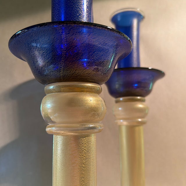 Glass Vintage Murano Art Glass Large Blue and Gold Candlesticks Signed For Sale - Image 7 of 7