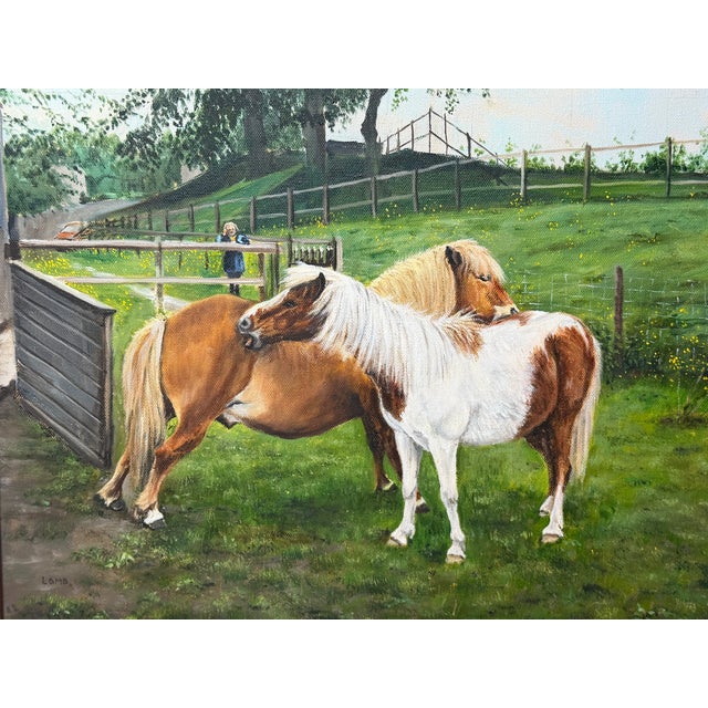 Chestnut Shetland Groom Original British Equestrian Oil Painting of Two Ponies Framed For Sale - Image 8 of 14