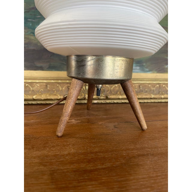 Mid-Century Modern Space-Age White Ribbed Lantern Table Lamp on Wood Tripod Base, Possibly 1960s Scandinavian Design For Sale - Image 10 of 10