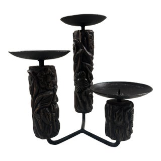 1990s Black Iron and Wood Pillar Candle Holder For Sale