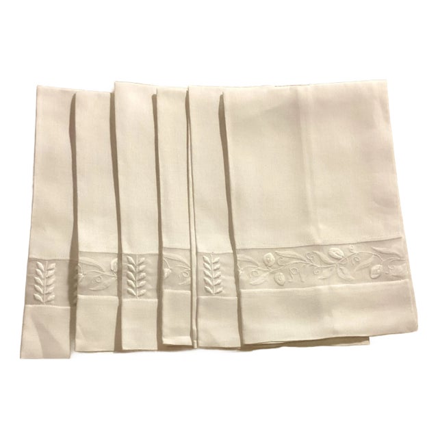 Set Six White Linen Guest Hand Towels With Organza Border Embroidery. For Sale
