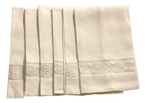 Set Six White Linen Guest Hand Towels With Organza Border Embroidery.