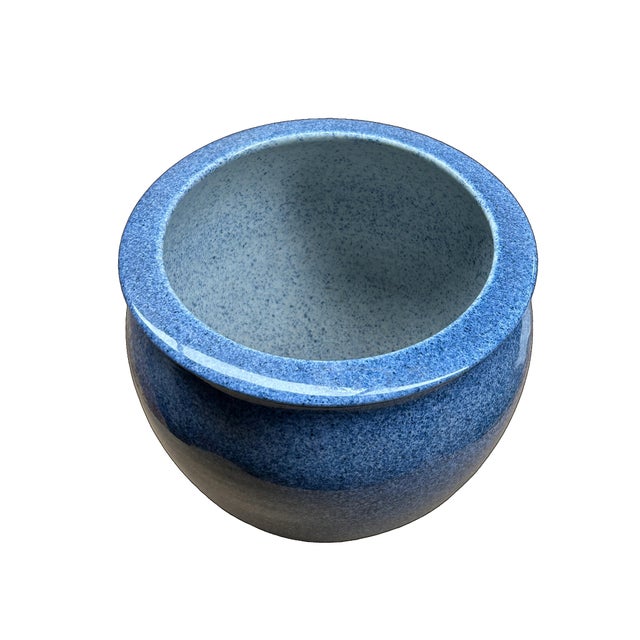 1980s Vintage Mottled Blue Powder Marks Porcelain Round Pot Planter For Sale - Image 5 of 8