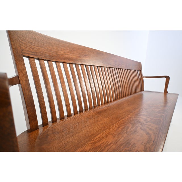 Antique American Oak Lawyer’s Bench | Newly Refinished For Sale - Image 9 of 18