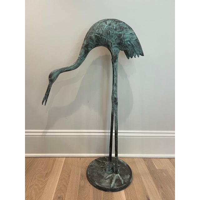 French Country 1990s Verdigris Brass Crane Garden & Patio Statues - Set of 2 For Sale - Image 3 of 13