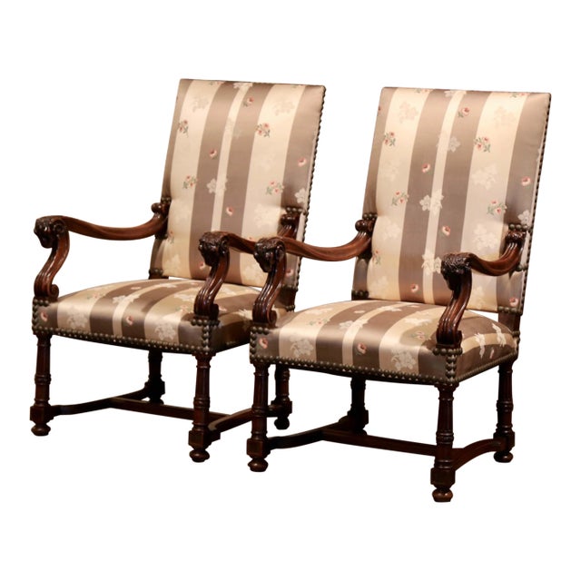 Pair of 19th Century French Louis XIII Walnut Fauteuils With Carved Ram Heads For Sale