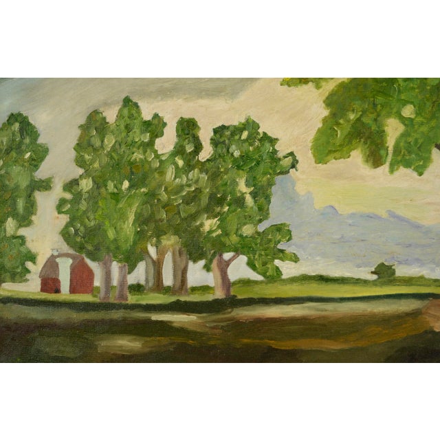 850 Oak Trees With Red Barn, Mid-Century Pastoral Summer Landscape For Sale - Image 4 of 8