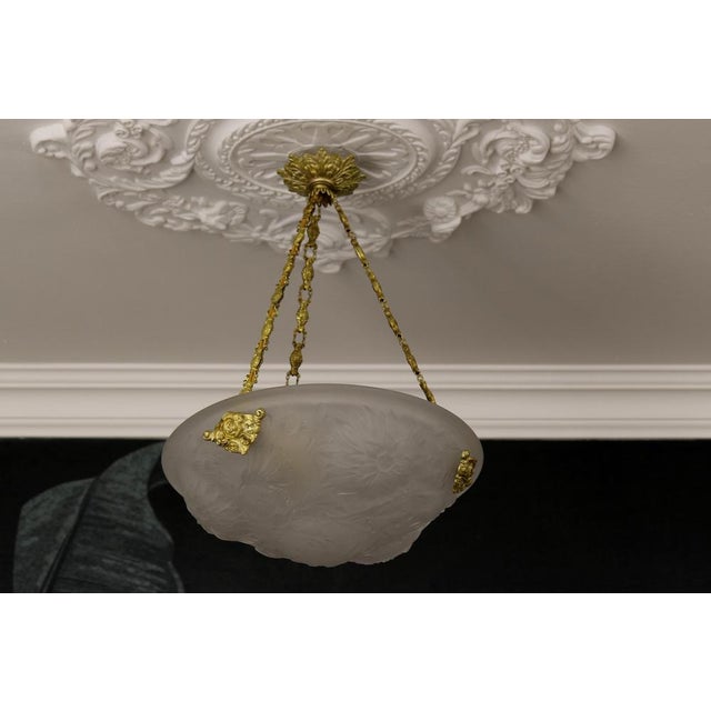 Metal French Art Deco White Frosted Glass and Bronze Pendant Light with Floral Motifs, 1930s For Sale - Image 7 of 18