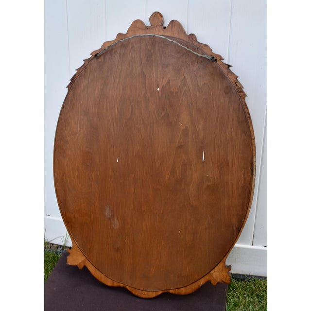 Satinwood Oval Wall Mirror Carved French Flower Basket Crest Decorative Frame For Sale - Image 13 of 15