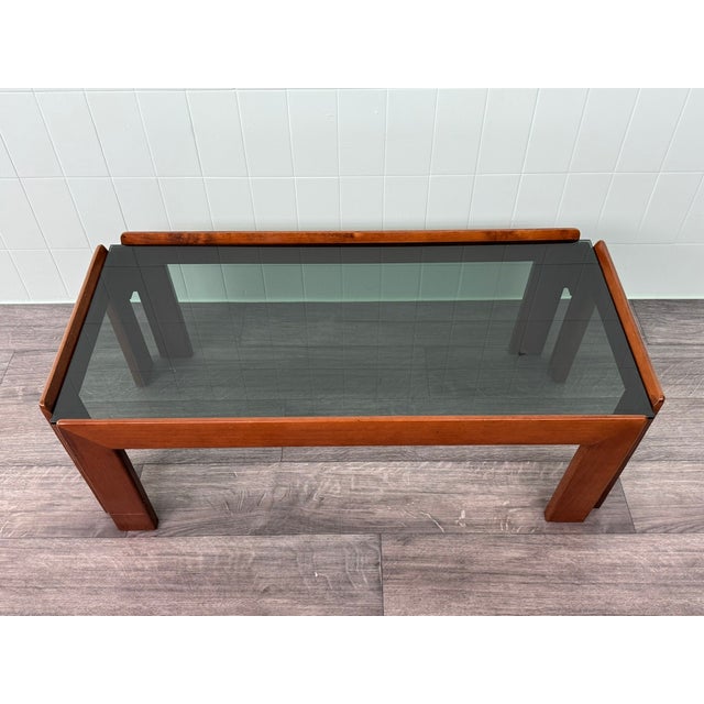 Mid-Century Modern Vintage Italian Coffee Table in Wood with Smoked Glass Top, 1970s For Sale - Image 3 of 10