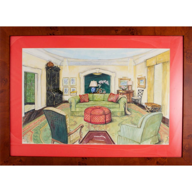 "Chinoiserie C1950s Interior Watercolor Painting" For Sale