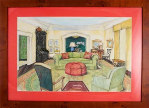 "Chinoiserie C1950s Interior Watercolor Painting"