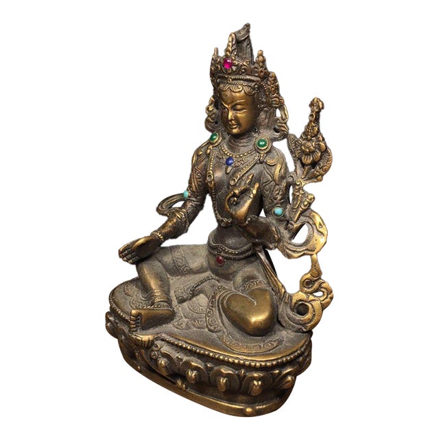 Brass Green Tara Statue With Inlaid Gemstones, Tibetan Buddhist Goddess For Sale