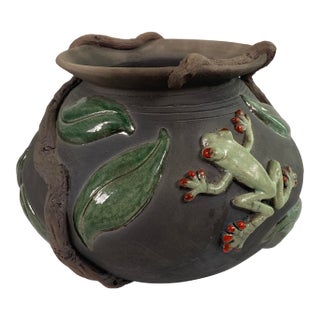 Signed Studio Pottery Vessel With Frog & Leaf Relief, Organic Ceramic Art Vase For Sale