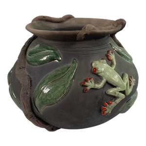 Signed Studio Pottery Vessel With Frog & Leaf Relief, Organic Ceramic Art Vase