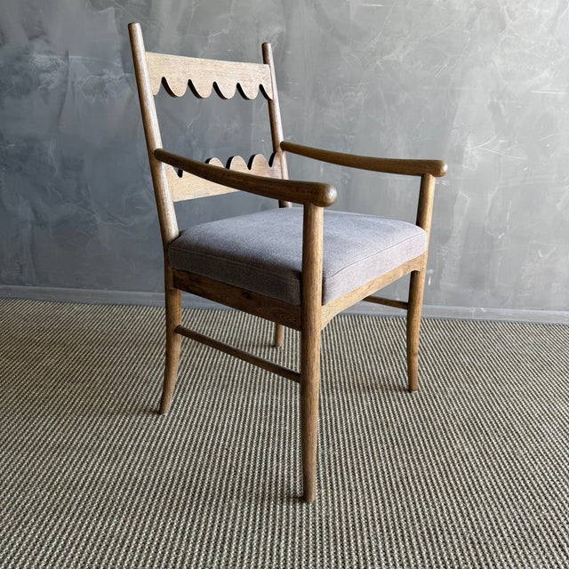 Oak Open Arm Accent Chair or Dining Chair With Belgian Linen Upholstery For Sale In Los Angeles - Image 6 of 9