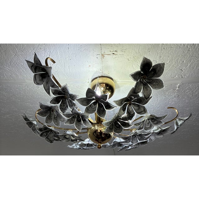 1980s Rare Black Murano Style Glass Floral Chandelier | Gothic Romantic Flush Mount Ceiling Light For Sale - Image 10 of 17