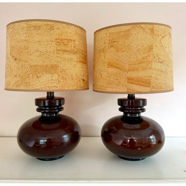 Brown Mid 20th Century Brown Ceramic Table Lamps With Vintage Cork Shades, a Pair For Sale - Image 8 of 8