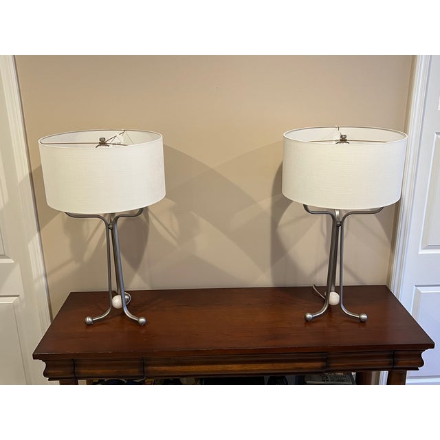 Baker Larimar Table Lamp, Satin Nickel Finish & Alabaster With White Linen Drum Shade For Sale - Image 12 of 18