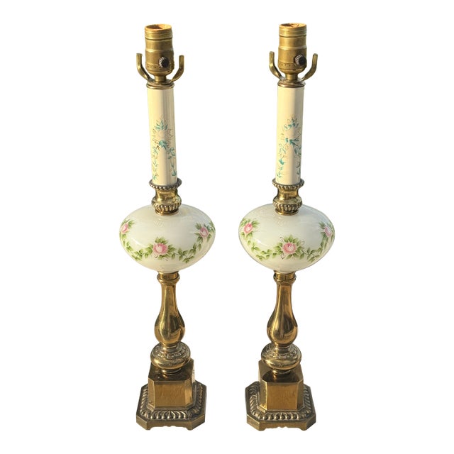 Vintage Hand Painted Pink & Blue Floral Milk Glass & Brass Lamps on Marble Bases - a Pair For Sale