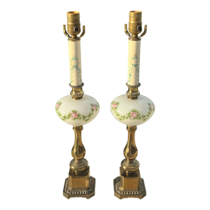 Vintage Hand Painted Pink & Blue Floral Milk Glass & Brass Lamps on Marble Bases - a Pair