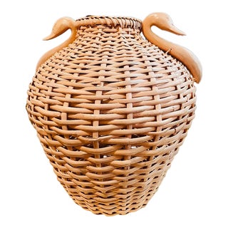 MidCentury Wicker & Wood Carving Swan Detail Large Vase For Sale
