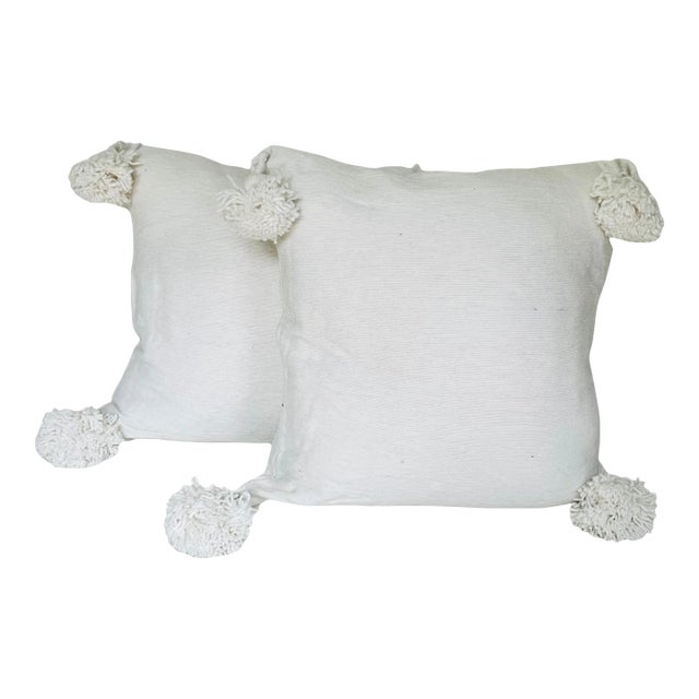 Moroccan Handloomed Pom-Pom Pillows, 19" x 19" - A Pair For Sale