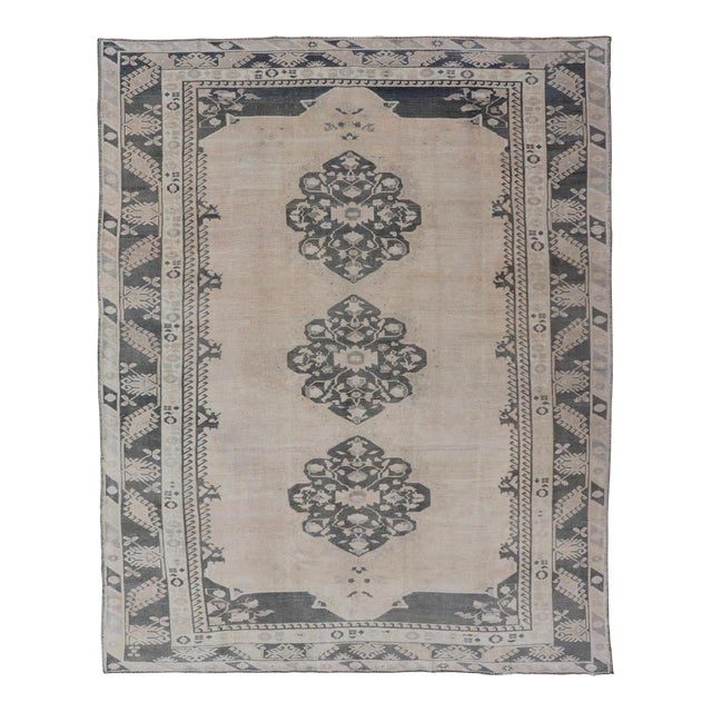 Vintage Turkish Oushak Rug With Subtle Pastel and Dark Green Floral Patterns 7'5 X 9'9 For Sale