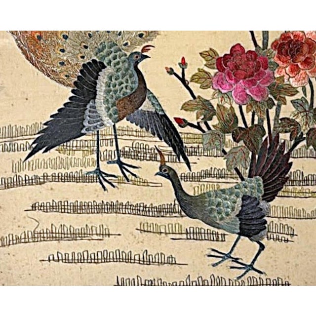 Antique Chinese Silk Embroidery Panel With Peacocks, Peonies, and Bamboo For Sale - Image 9 of 18