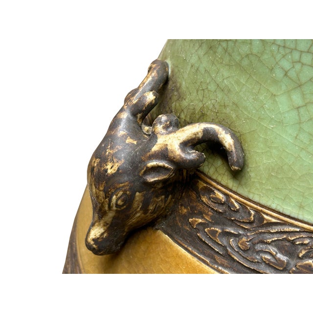 Orient Crackle Green Dragon Motif Ram Heads Artistic Pottery Ceramic Vase For Sale - Image 12 of 15
