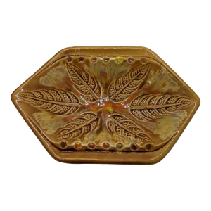 Vintage Mid-Century Modern Large Ashtray Catchall Brown Golden Leaf Drip Glaze