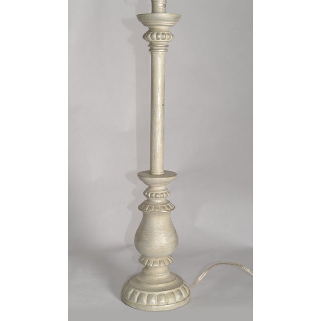 Dove Gray Mid Century Modern Silver Florentine Italian Painted Candlestick Lamps With Linen Shades - a Pair For Sale - Image 8 of 15