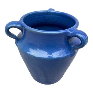 Vintage Blue Three Handle Pottery Jar Vase For Sale