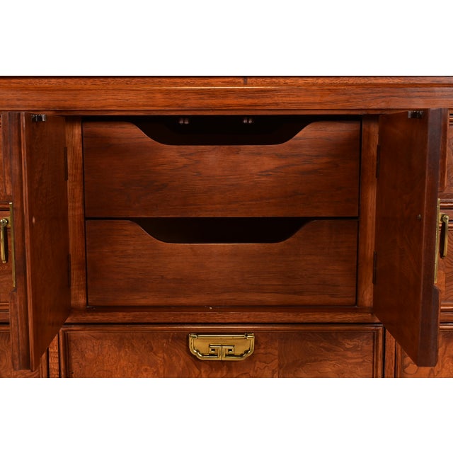 Brown Thomasville Mid-Century Hollywood Regency Chinoiserie Burl Wood Long Dresser or Credenza, Circa 1970s For Sale - Image 8 of 15