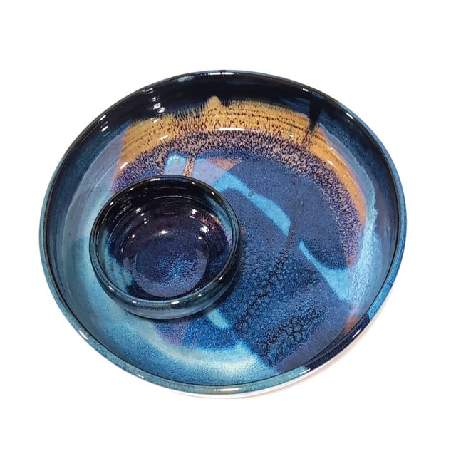 Rick Petteford Studio Pottery Chip & Dip Set - Signed Handmade Stoneware Blue Glaze This beautiful handmade stoneware chip...