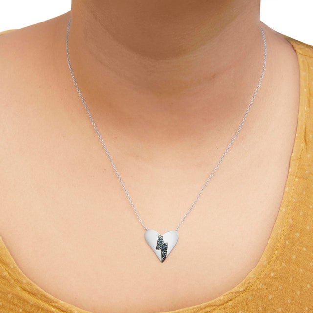 .925 Sterling Silver Blue Diamond Broken Heart Pendant Necklace (H-I Color, I1-I2 Clarity) - 18" Inches For Sale - Image 4 of 5