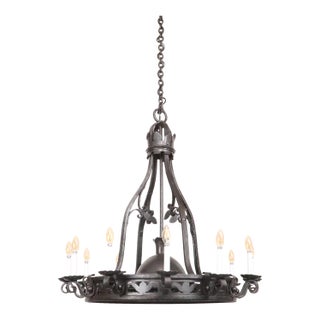 Mid 20th Century Restored Gothic Black Wrought Iron Chandelier For Sale
