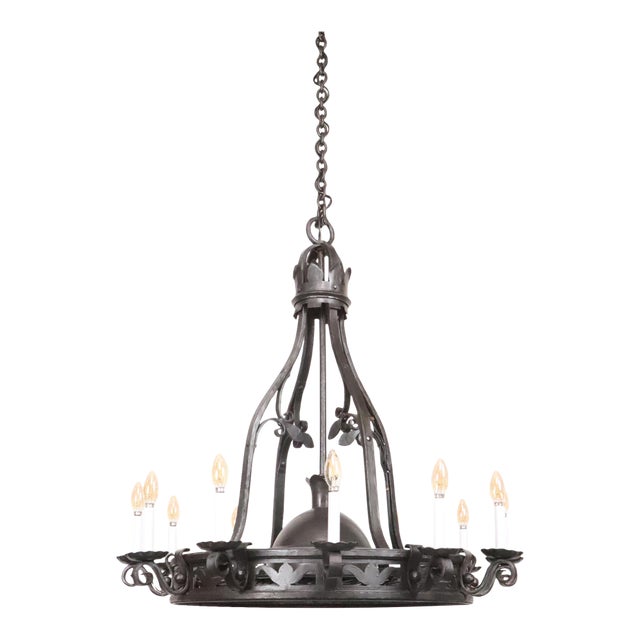 Mid 20th Century Restored Gothic Black Wrought Iron Chandelier For Sale