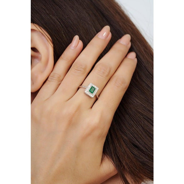 Octagon Cut Geometric Zambian Emerald Ring With Diamond Halo in Silver, Size 6.5 For Sale - Image 12 of 14