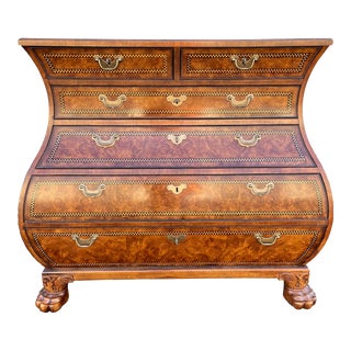 Baker Stately Homes George II Inlaid Walnut Burlwood Bombe Chest of Drawers For Sale